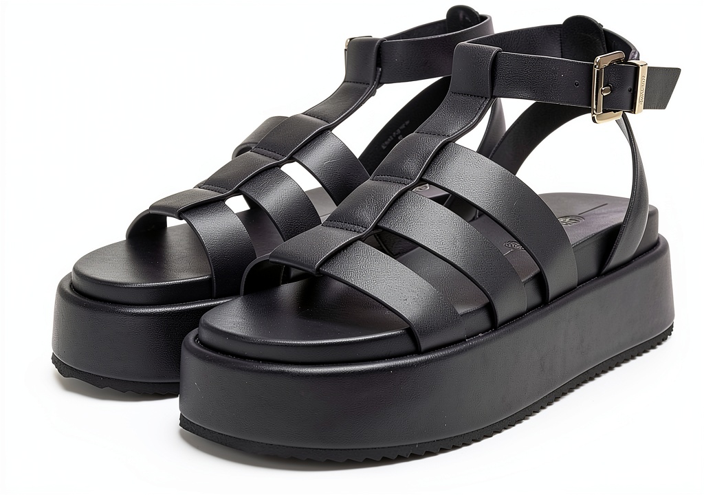 Installing Buffalo Damen Sandalen Synthetik Blockabsatz Schnalle on a wooden desk