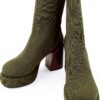 Leder Stiefel Damen Blockabsatz Schwarz Grün Wasserfest-1