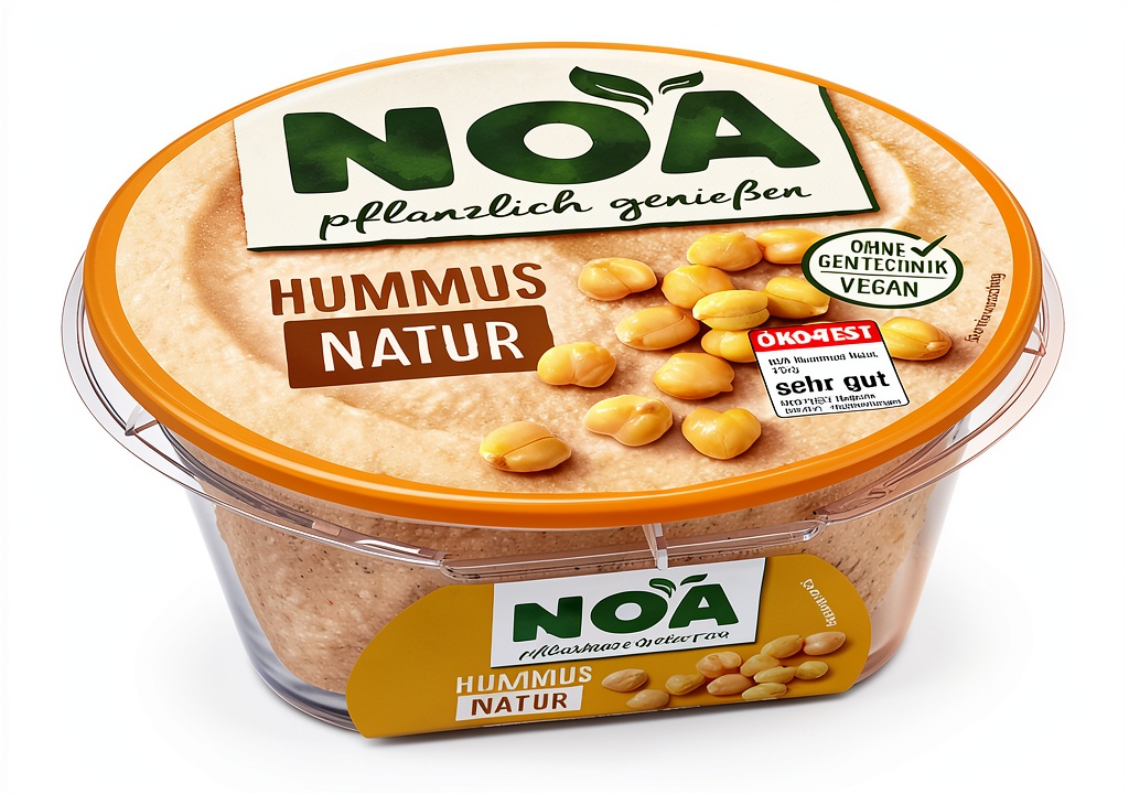 'Noa pflanzlicher Brotaufstrich aus Kichererbsen und Sesam in Verpackung'