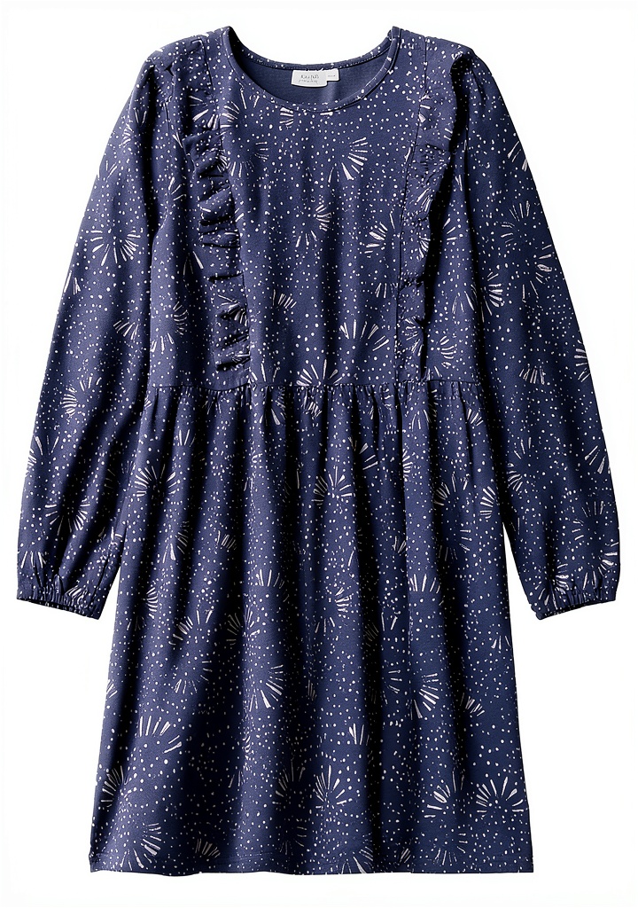 Mädchen trägt AmeliaNNM Print Blue Kleid im Garten