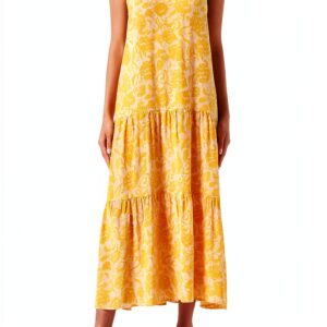 Noa Noa Halterneck Kleid mit Doppel-Peplum, Print Gelb/Peach-0