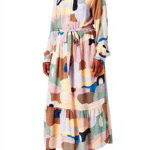 Noa Noa Langarm Kleid mit Print in Gelb‑Grün‑Blau, Größe 40-0