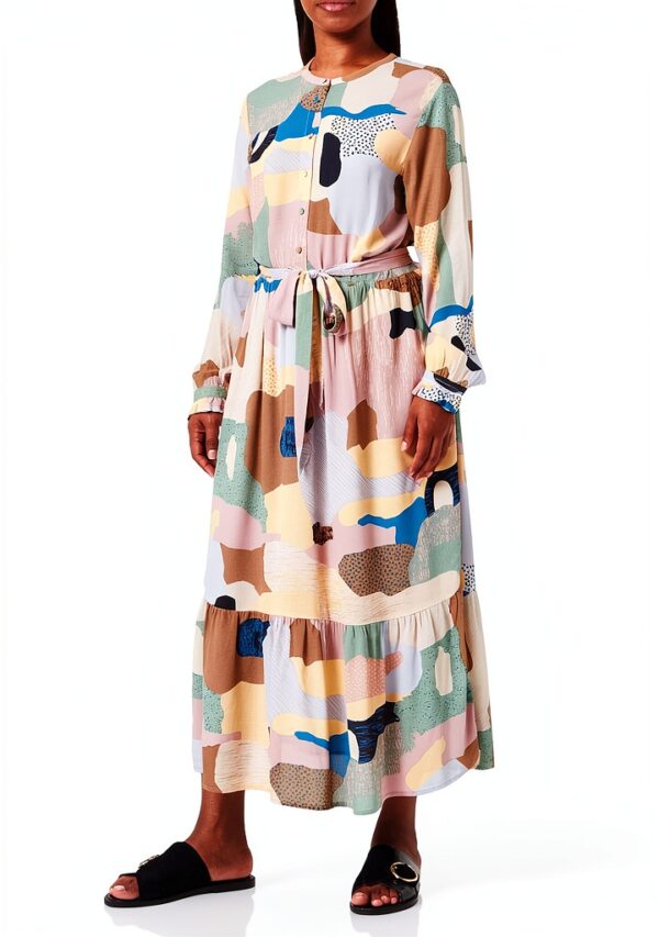 Noa Noa Langarm Kleid mit Print in Gelb‑Grün‑Blau, Größe 40-0